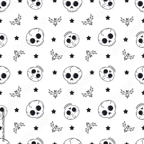 Fototapeta Seamless pattern with cute hand drawn monochrome Halloween skulls. Black and white Line art Day of The dead repeat background.