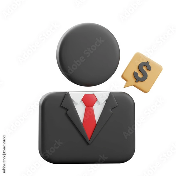 Fototapeta Icon of a man or businessman in a suit with a red tie and a dollar sign in a speech bubble, on transparent background.