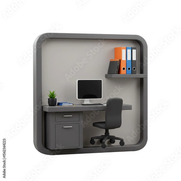 Fototapeta Modern office desk with computer monitor, chair, documents, and plant. Work from home concept on transparent background.