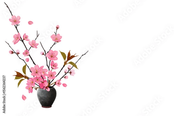 Fototapeta Pink sakura flowers in a gray vase on transparent background. Blooming spring branch for seasonal decoration and greeting card.