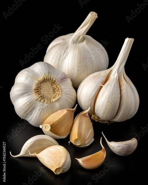 Obraz Whole garlic bulbs and several separated garlic cloves on a black background