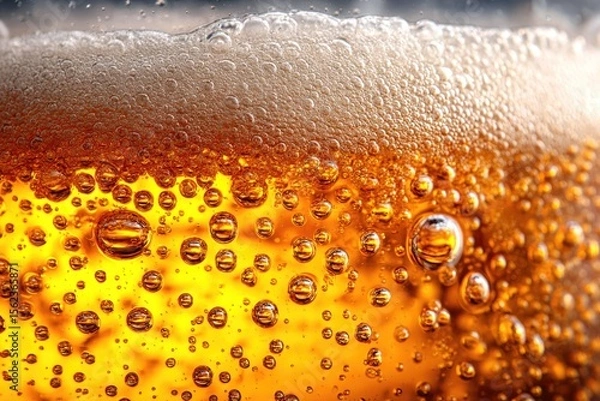 Fototapeta Cold amber beer with foam and condensate, macro, cold foamy drinks concept, texture