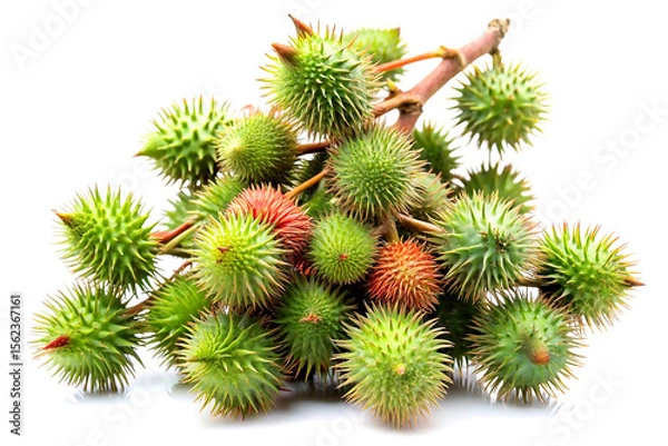 Fototapeta Cluster of Castor Plant Fruits Isolated on White Background, Natural Botanical Detail. AI Generative