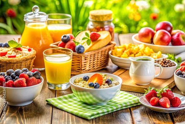Fototapeta Healthy Breakfast Spread on a Sunlit Table. AI Generative