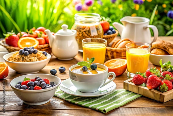 Fototapeta Sunlit Breakfast Table with Nutritious and Colorful Healthy Foods, Fresh Morning Feast, Created with AI Generative