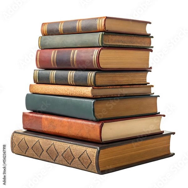 Fototapeta A stack of old leather bound books with gold trim isolated on transparent background