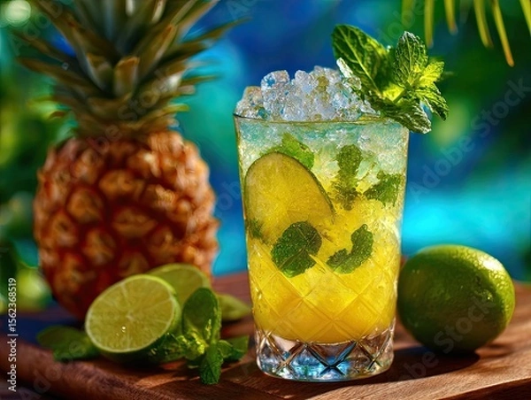 Fototapeta Cold summer tropical drink with crushed ice, lime and mint. Sweet pineapple lemonade