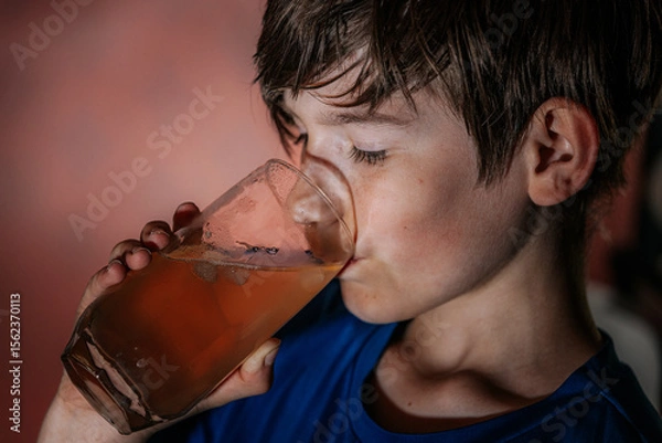 Fototapeta Close-up of a boy with piercing eyes drinking iced tea from a glass, with dramatic lighting and condensation on the glass enhancing the focus.
