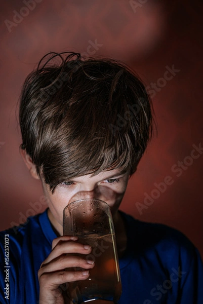 Fototapeta Close-up of a boy with piercing eyes drinking iced tea from a glass, with dramatic lighting and condensation on the glass enhancing the focus.