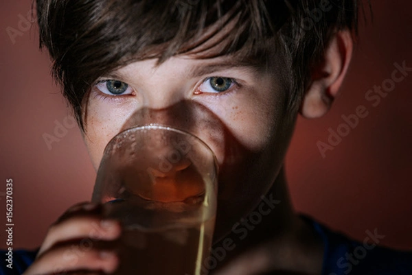 Fototapeta Close-up of a boy with piercing eyes drinking iced tea from a glass, with dramatic lighting and condensation on the glass enhancing the focus.