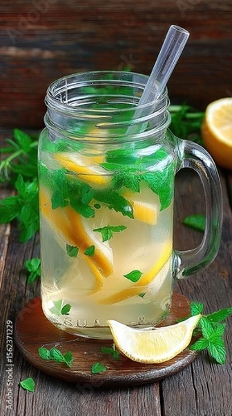 Fototapeta Homemade lemonade with lemon and mint in a Mason jar on a wooden table.
