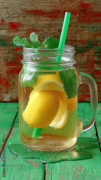 Fototapeta Homemade lemonade with lemon and mint in a Mason jar on a wooden table.