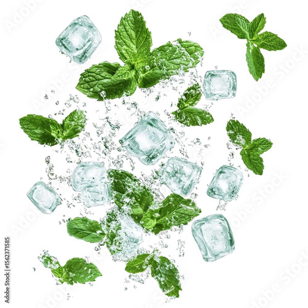 Fototapeta Fresh mint leaves and ice cubes displayed on transparent background for refreshment