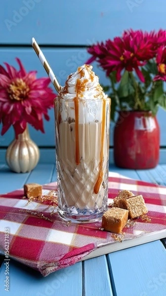Fototapeta Iced caramel latte with whipped cream and caramel sauce.