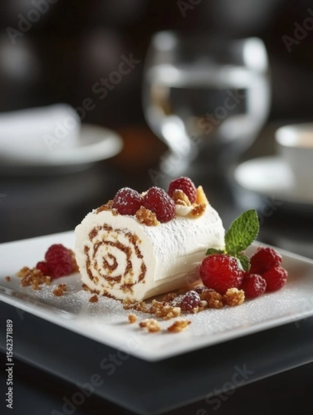 Fototapeta Elegant Raspberry Cream Roll Dessert on a White Plate with Powdered Sugar
