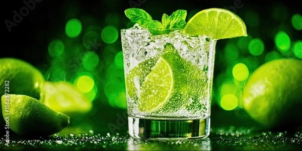 Fototapeta Mojito cocktail with lime, mint and ice cubes in a glass. with copy space