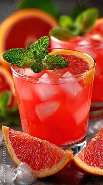 Fototapeta Refreshing grapefruit cocktail with ice on a gray background.