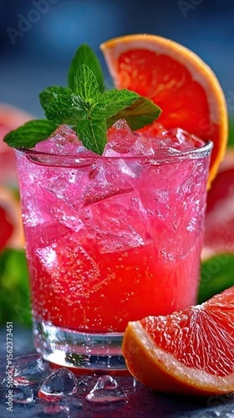 Fototapeta Refreshing grapefruit cocktail with ice on a gray background.