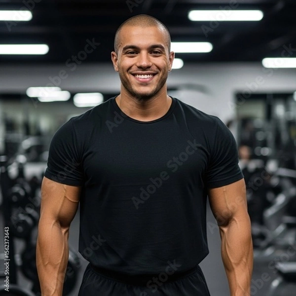 Fototapeta close up shot of a handsome white Caucasian man  bodybuilder wearing a blank black t-shirt, fit, fitness, workout, health, healthy, physique, power, active, handsome man, fitness model, black t-shirt