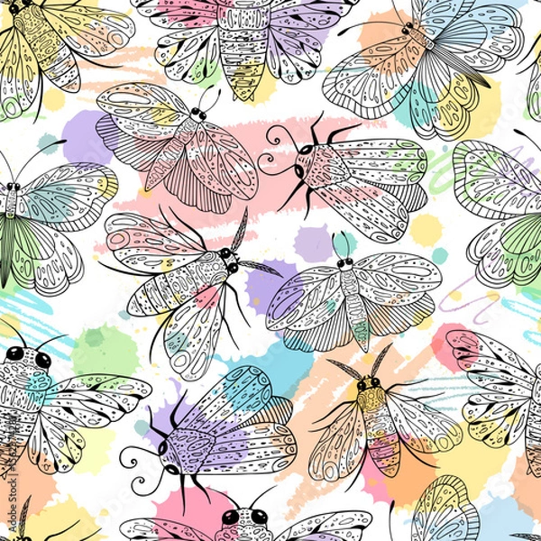 Fototapeta Butterfly pattern. Butterfly seamless texture with hand drawn elements.
Colorful butterfly background. Ink drawing icon on white backdrop. Animal print.
