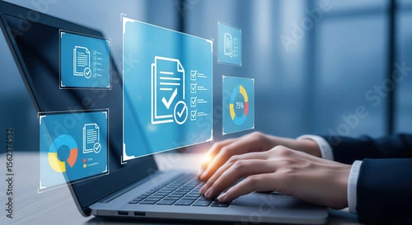 Fototapeta Hands typing on laptop with virtual checklists, completion charts, and document icons, representing digital workflow management, progress tracking, and online productivity tools.