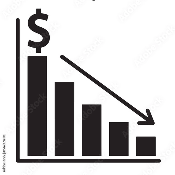 Fototapeta Silhouette of bar graph showing the fall of the US Dollar, decline in American currency value, economic downturn, depreciation concept — The Fall of the US Dollar