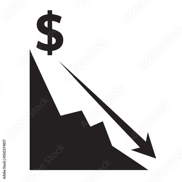 Fototapeta Flat black silhouette of falling graph with dollar sign, symbolizing investor loss, US Dollar depreciation, economic decline — The Fall of the US Dollar