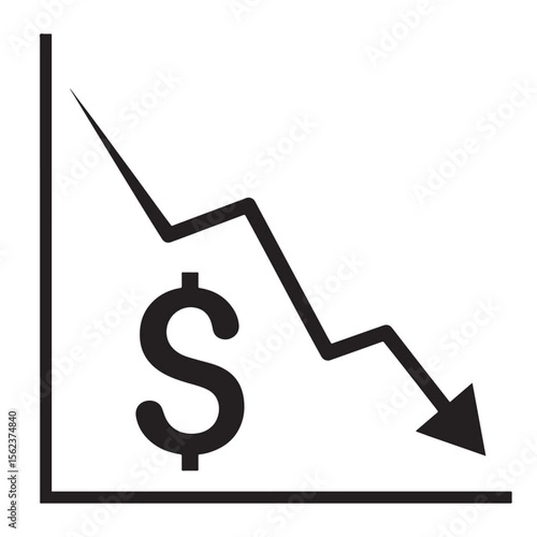 Fototapeta Flat black silhouette of line chart with dollar sign and descending curve, symbolizing falling exchange rate and currency value — The Fall of the US Dollar