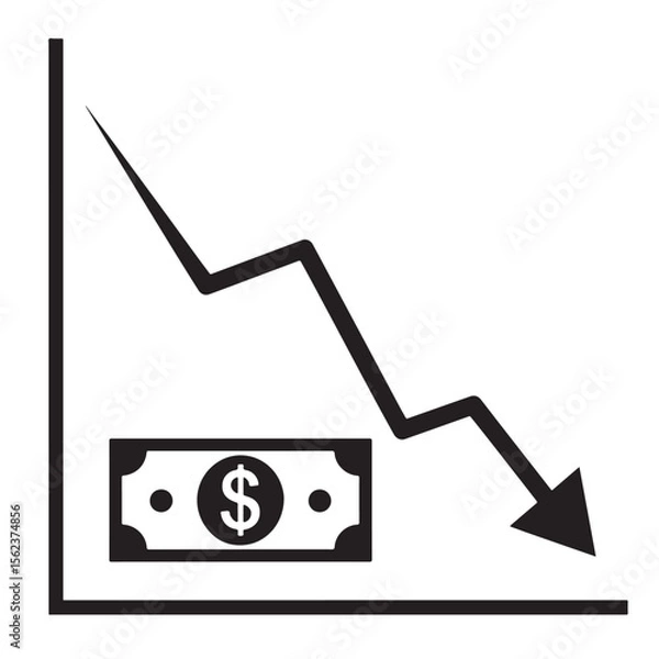 Fototapeta Flat black silhouette of line chart with dollar sign and descending curve, symbolizing falling exchange rate and currency value — The Fall of the US Dollar