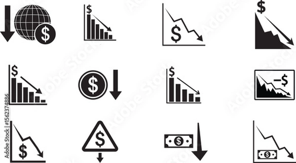 Fototapeta Set of flat black vector silhouettes representing the fall of the US Dollar, financial crash, depreciation, investor loss, and economic collapse