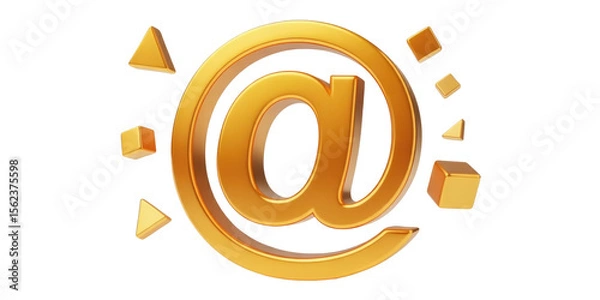 Fototapeta Golden at symbol surrounded by golden cubes and triangles on a black background isolated image