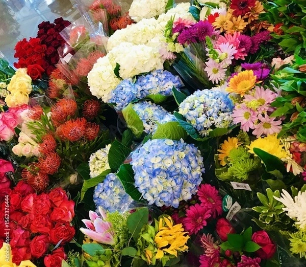 Fototapeta Fresh hydrangeas, roses, and mixed bouquets in bloom