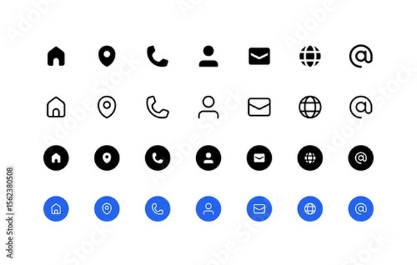 Fototapeta Business card contact information iconography set. Multiple icon set styles