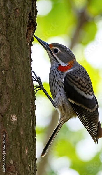 Fototapeta Lesser Spotted Woodpecker on a tree trunk. Active bird in profile near the nest hole, species of woodpecker, Europe. Photo.