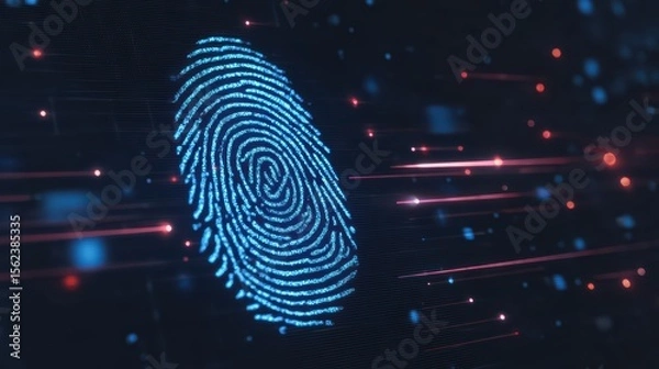 Fototapeta Bright Blue Fingerprint Abstract Illustration with Dynamic Lines and Sparkling Particles on Dark Background