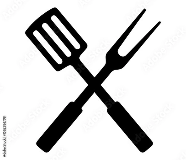 Fototapeta Crossed Spatula and Fork Silhouette Minimalist Black Vector silhouette crossed Icon Symbolizing Grilling, Cooking, and Culinary Themes barbecue on white background
