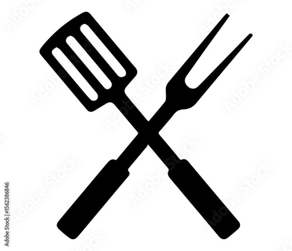 Fototapeta Crossed Spatula and Fork Silhouette Minimalist Black Vector silhouette crossed Icon Symbolizing Grilling, Cooking, and Culinary Themes barbecue on white background