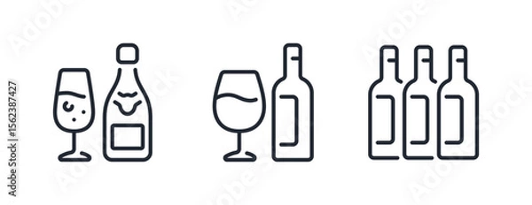 Fototapeta Wine glass and bottles editable stroke outline icons set isolated on white background flat vector illustration. Pixel perfect. 64 x 64.