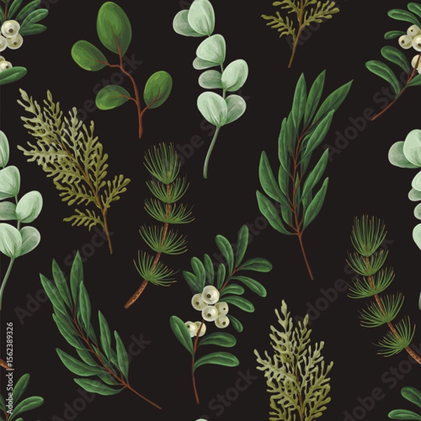 Obraz Vector Christmas seamless pattern with greenery pods cotton and berries