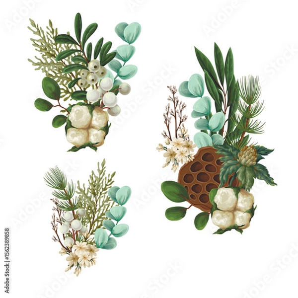 Obraz Vector Christmas botanical set with greenery leaves berries and flowers
