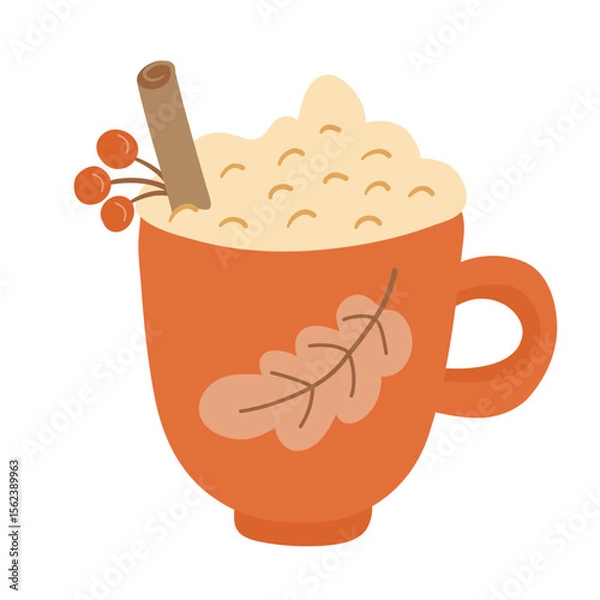 Fototapeta Hot drink in an autumn mug decorated with a leaf, topped with whipped cream and cinnamon stick. Hand drawn flat vector illustration.