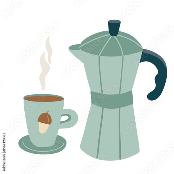 Fototapeta Flat hand drawn illustration of a moka pot and a cup with hot coffee in soft green tones, decorated with an acorn. Perfect for cozy autumn designs, cafe branding, or seasonal prints.