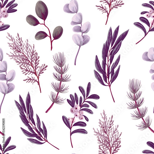 Obraz Vector Christmas seamless pattern with greenery pods cotton and berries