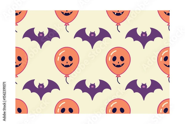 Obraz Orange Halloween balloons with ghost faces purple bat silhouettes on a cream pattern