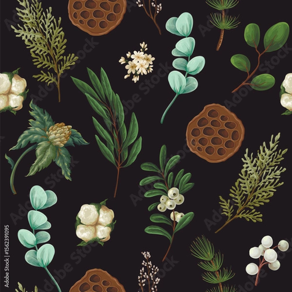 Obraz Vector Christmas seamless pattern with greenery pods cotton and berries