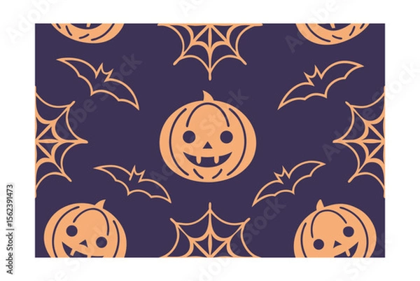 Fototapeta Orange pumpkins bats spiderwebs repeating pattern on a dark blue halloween vector