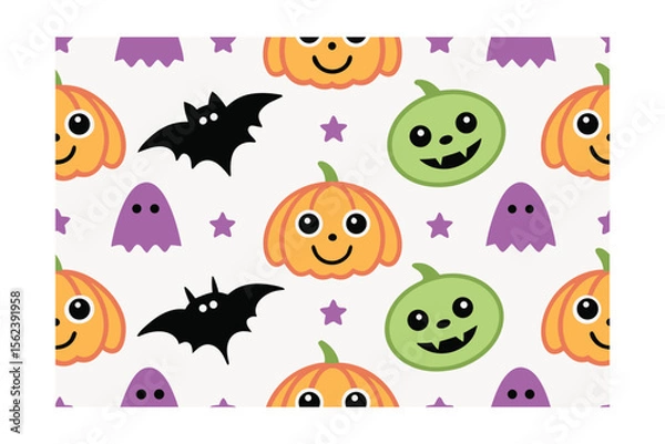 Obraz Halloween pattern with orange pumpkins green jack o lanterns bats purple ghosts vector