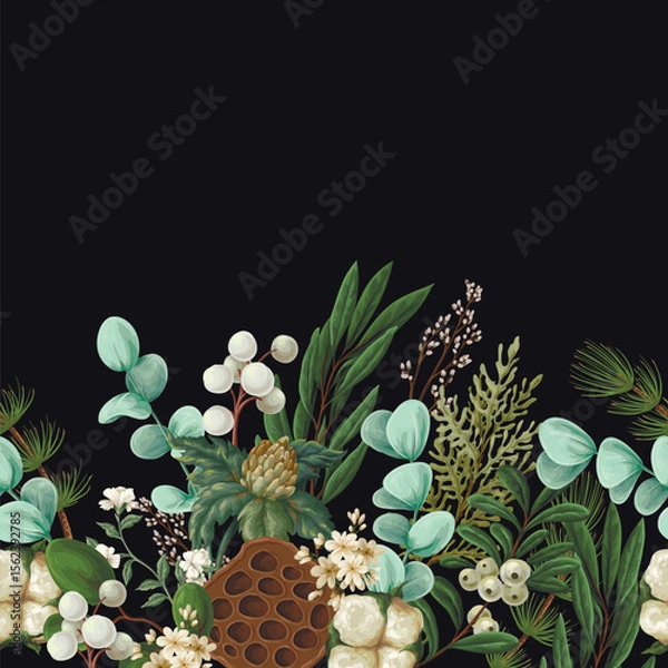 Obraz Vector Christmas border with greenery pods cotton and berries