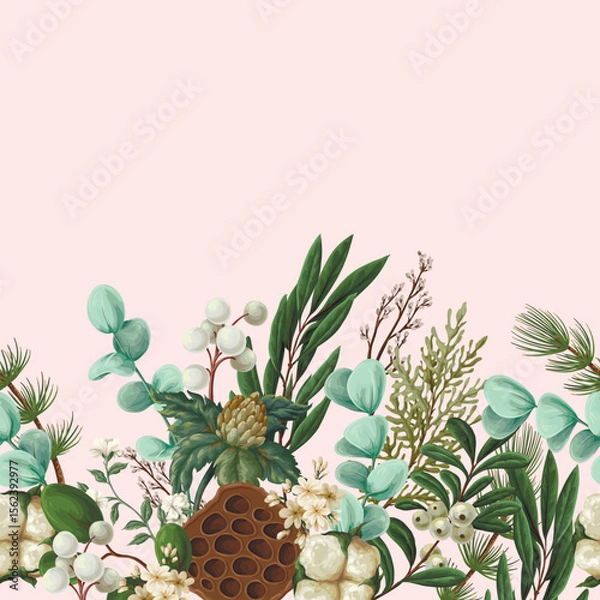 Obraz Vector Christmas border with greenery pods cotton and berries