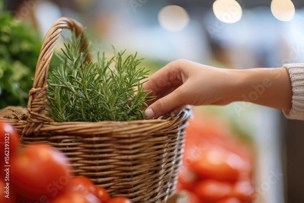 Fototapeta close-up of shopper placing fresh herbs into basket beside tomato row in supermarket under calm lighting